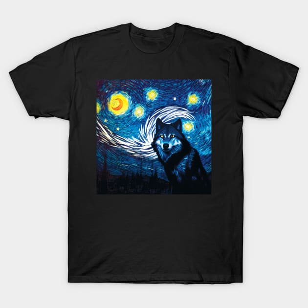 Wolf in a Starry Night Sky. Van Gogh Style T-Shirt by Geminiartstudio